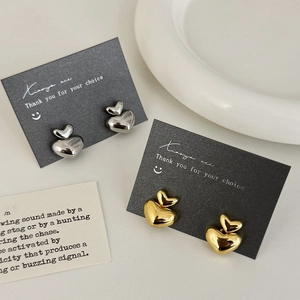 Minimalist Double Heart Stud Earrings Copper Gold Silver Plated INS Style Fashion Light Luxury Jewelry For Women