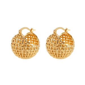 Elegant gold hollow mesh sphere earrings with a unique textured weave design
