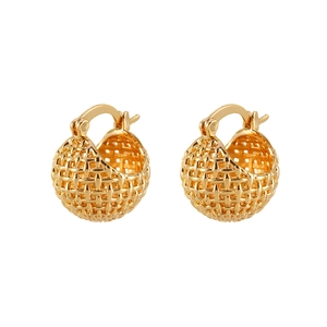 Detailed view of gold spherical mesh weave earrings with secure clasp closure