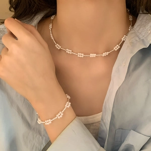 Koperen Ketting En Armband Glanzende Kunstparel Cluster Bloem Hanger Elegant Frans Vintage Mode Sieraden Voor Vrouwen