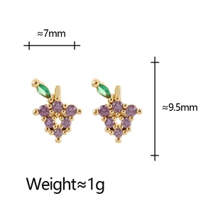 Detailed view of grape stud earrings with purple stones and green leaves, 9.5mm height