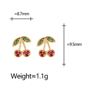 Detail view of cute cherry stud earrings with red and green zircons and size markings