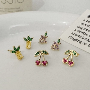 Fruit Stud Earrings 14k Gold Plated Copper With Colorful Cubic Zirconia Cherry Pineapple Grape Design Sweet Fashion Jewelry For Women