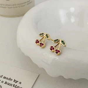 Sweet cherry stud earrings with red and green crystals in a gold-tone setting