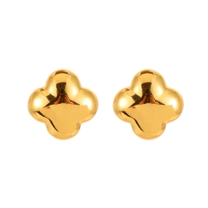 Minimalist golden four-leaf clover stud earrings with a 3D polished metallic finish