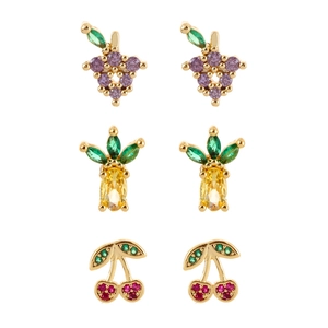 Cute fruit earring set with grape pineapple and cherry studs in gold and zircon