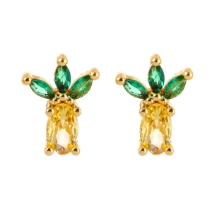 Detailed view of pineapple stud earrings with yellow crystals and green leaf stones