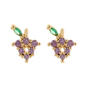 Detail of grape-shaped stud earrings featuring purple zircons and green leaf gemstone