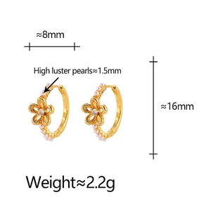 Gold hollow flower hoop earrings with premium pearls and zircon, 16mm height