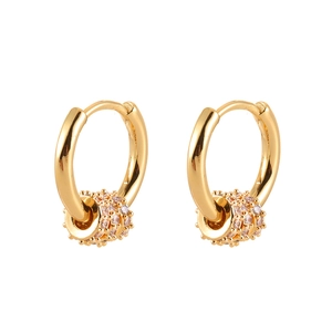 Boucles d'oreilles créoles dorées avec pendentifs cylindriques sertis de zircons