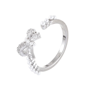 Bowknot opening ring with micro-set zircons and white pearls in silver finish