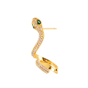 Manchette d'oreille serpent dorée avec zircons blancs et yeux en gemmes vertes
