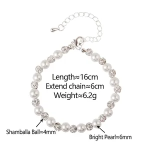 Elegant pearl bracelet with crystal Shamballa beads and adjustable silver chain