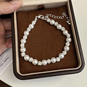 Elegant Artificial Pearl Bracelet With Rhinestone Shambhala Balls Alloy Beaded Adjustable Chain Jewelry For Women Fashion Niche
