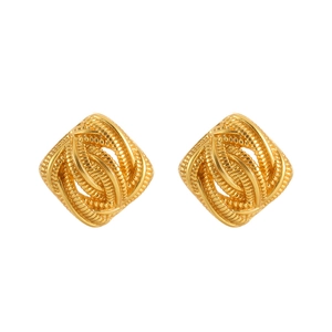 Detailed view of gold-tone rhombic earrings featuring intricate braided rope textures