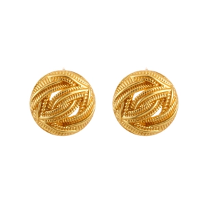 Elegant gold-tone circular stud earrings with intricate woven texture and vintage style