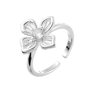 Minimalist silver hollow flower open ring with sparkling zircon stone on white background