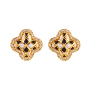 Boucles d'oreilles trèfle noir et blanc avec cristaux et finition dorée élégante