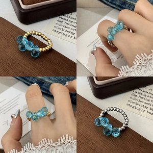 Beaded Ring With Faceted Glass Crystals And Metal Plated Round Beads Vintage Light Luxury Jewelry For Women
