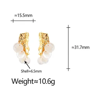 Lava texture gold earrings with cascading white shell discs for elegant daily wear