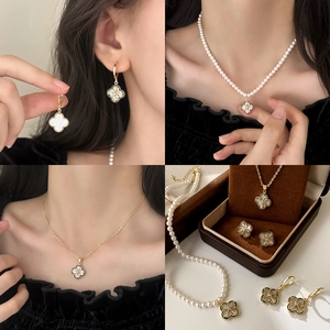 Four Leaf Clover Necklace Earring Jewelry Set Copper With Faux Artificial Pearl Zircon Shell Enamel Elegant Clavicle Chain For Women