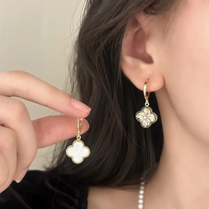Elegant gold clover earrings set with pearl and zircon inlay for women's jewelry