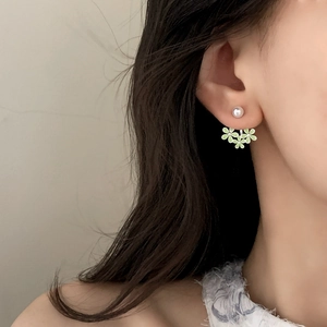 Elegant pearl stud earrings with light green enamel flower drop for a sweet feminine style