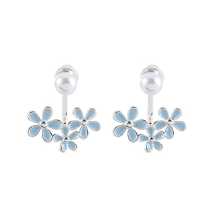 Elegant pearl stud earrings with light blue enamel flowers and silver finish for women