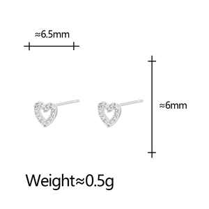 Minimalist heart stud earrings with cubic zirconia and exact size measurements