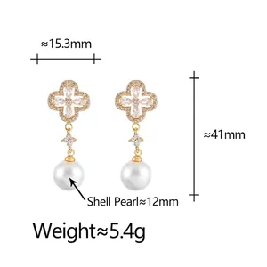 Elegant gold drop earrings with zircon four-leaf clover and 12mm shell pearl pendants