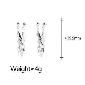 Silver leaf tassel earrings for women with delicate metallic fringe 39.5mm long