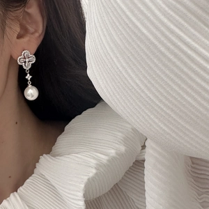 Elegant four-leaf clover pearl drop earrings with sparkling zircon for women