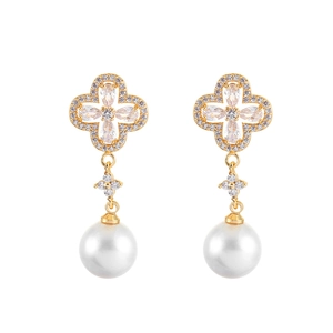 Elegant gold clover earrings with cubic zirconia and white shell pearl drop pendant