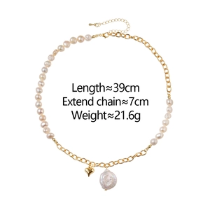 Elegant gold heart pendant necklace with natural freshwater pearls and chain links