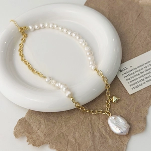Asymmetric Stitching Necklace With Freshwater Pearl And Heart Pendant Gold Plated Baroque Pearl Elegant Jewelry For Women