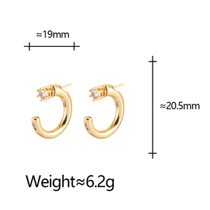 Detail showing dimensions of gold C-shaped zircon earrings, height 20.5mm and width 19mm