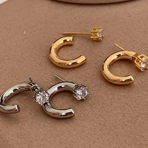 Geometric Copper C Shaped Hoop Stud Earrings With Round Clear Zircon Minimalist Polished Fashion Jewelry For Women