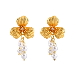 Elegant gold flower earrings with pendant pearl tassels and crystal center for women