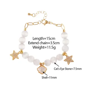 Bracelet élégant en perles d'opale avec pendentifs étoile et coquillage dorés