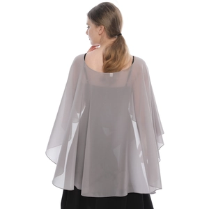 Back view of elegant grey chiffon shawl showing translucent texture and drape on model