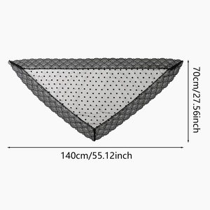 Detailed view of black lace polka dot triangular scarf with 140x70cm size dimensions