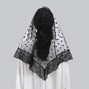Vintage black lace mantilla veil with floral embroidery and polka dots for weddings