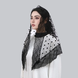 Elegant black lace mantilla veil with polka dot mesh for weddings and religious ceremonies