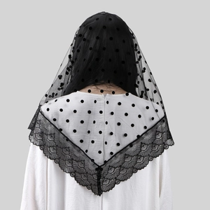 Macro detail of black lace veil with delicate polka dots and scallop edges from rear view