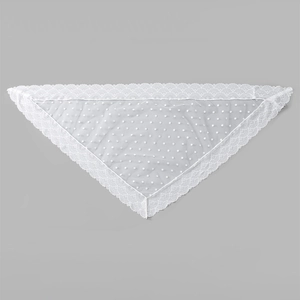 Close-up of white lace triangle scarf featuring polka dot mesh and delicate floral edges