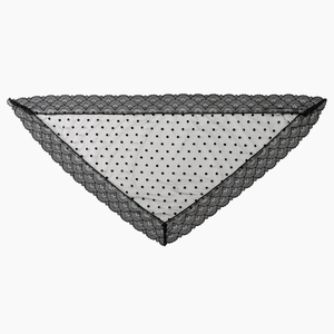 Detail of black lace triangle scarf with elegant polka dot mesh and scalloped edges