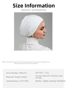 Detail view of white mercerized cotton double-layer turban hat with 26x21cm size specs