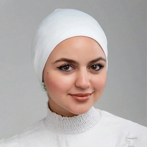Women's white mercerized cotton double-layer flat top turban cap with snug knit fit
