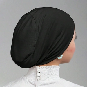 Women's black mercerized cotton flat top turban hat with soft elastic jersey fabric