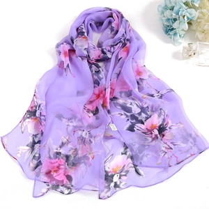 Elegant purple floral georgette scarf with vibrant pink flower prints for summer beach